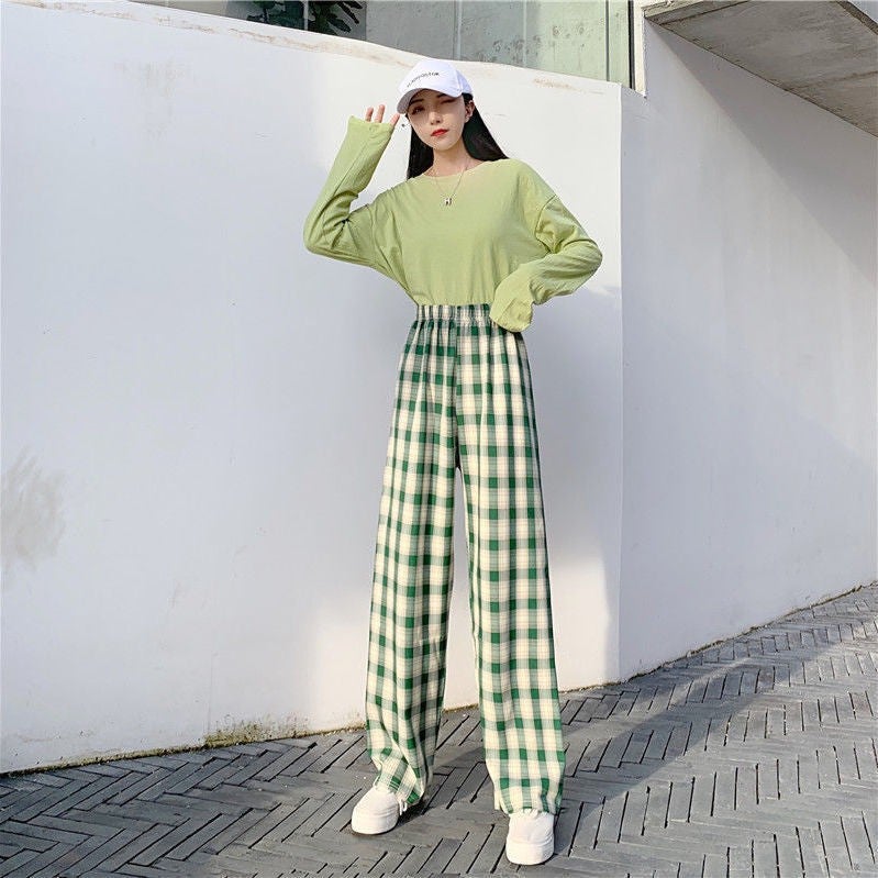 Spring Summer Autumn Plaid Casual Pants High Waist Pants Hong Kong Style Pants Wide Leg Pants Womens Loose Straight Cross-border Brown Plaid-Thin - Image 3