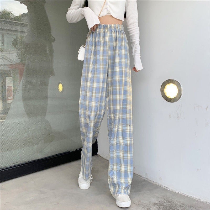 Spring Summer Autumn Plaid Casual Pants High Waist Pants Hong Kong Style Pants Wide Leg Pants Womens Loose Straight Cross-border Brown Plaid-Thin - Image 2