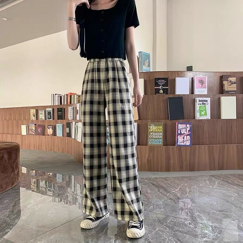 Spring Summer Autumn Plaid Casual Pants High Waist Pants Hong Kong Style Pants Wide Leg Pants Womens Loose Straight Cross-border Brown Plaid-Thin - Image 1