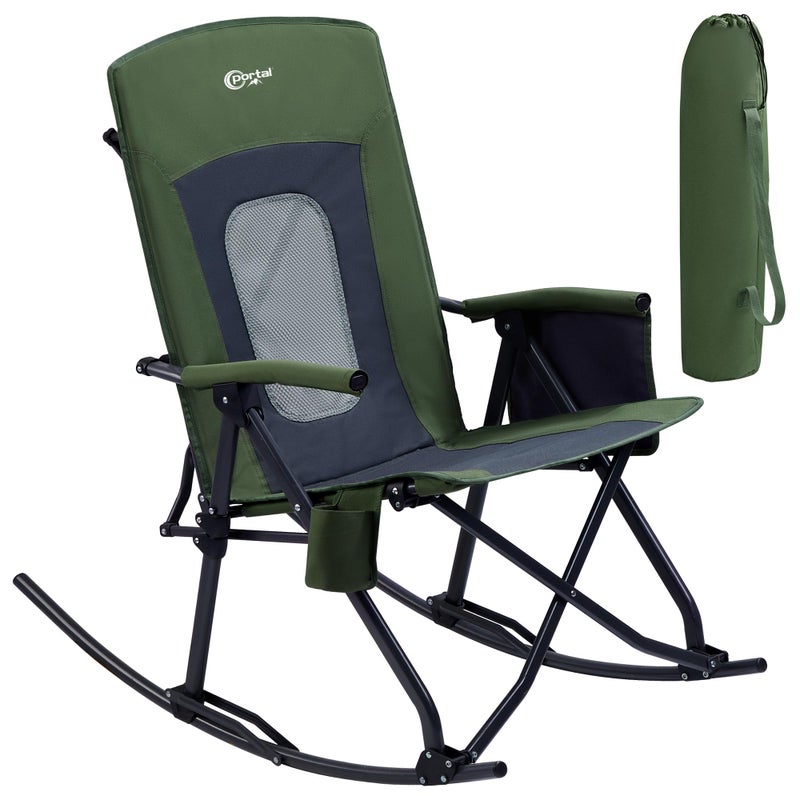 PORTAL Oversized Folding Rocking Camping Chair Portable Outdoor Rocker with High Back Hard Armrests Carry Bag Supports 400 lbs Mesh Back Green