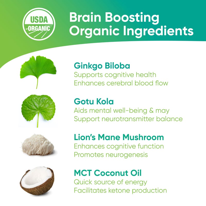Brain Tea Focus & Memory - Brain Tea Organic Certified 4-in-1 Nootropic Herbal Supplement with Ginkgo Biloba, Gotu Kola, Lion’s Mane Mushroom, MCT Caffeine-Free for Mental Clarity (30 Sachets) - Image 3