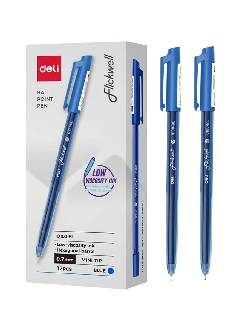 Deli 12-Piece Flickwell Ballpoint Pen 0.7mm Mini Tip Blue Ink  - Image 1