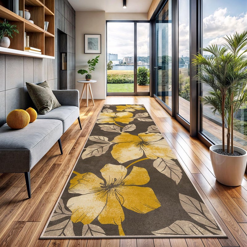 CAMILSON Solana Modern Floral 2' x 7' Area Rugs Non-Skid (Non-Slip) Rubber Backing Yellow - Brown Flowers Indoor Rug (2x7, Yellow Brown) - Image 5
