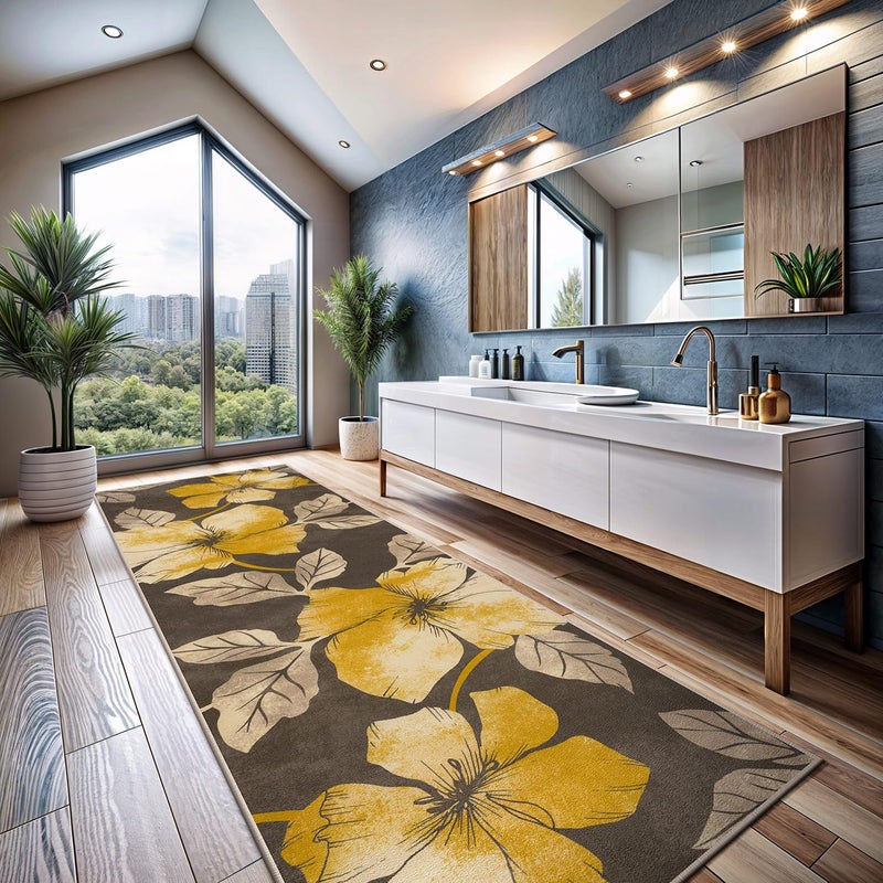 CAMILSON Solana Modern Floral 2' x 7' Area Rugs Non-Skid (Non-Slip) Rubber Backing Yellow - Brown Flowers Indoor Rug (2x7, Yellow Brown) - Image 1