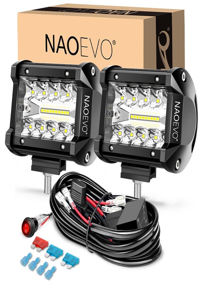 NAOEVO 4 Inch LED Pod Lights, Spot Flood LED Fog/Driving/Off Road Lights with 2 Leads Wiring Harness, Cube Pods for Truck Boat ATV UTV, 2 Pcs (White) - Image 1