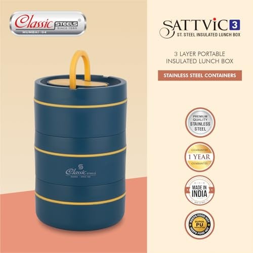 Classic Steels Sattvic Insulated Stainless Steel Lunch Box 3 Containers 350 ml Each & 1 Spoon | Microwave Safe | Leak Proof Air Tight Hot Lunch Box| Keep Your Meal Fresh and Hot Upto 4 Hours - Image 3