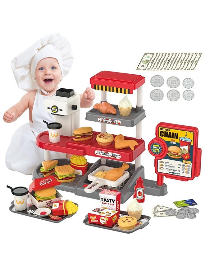 71Pcs Pretend Play Fast Food Toys, Fake Food Sets with Cash Register Toys, Water Dispenser, Hamburger Sandwich Fried Chicken Egg Tart Play Money Food Toys Gift for Ages 3+ Boys Girls (Red) - Image 1