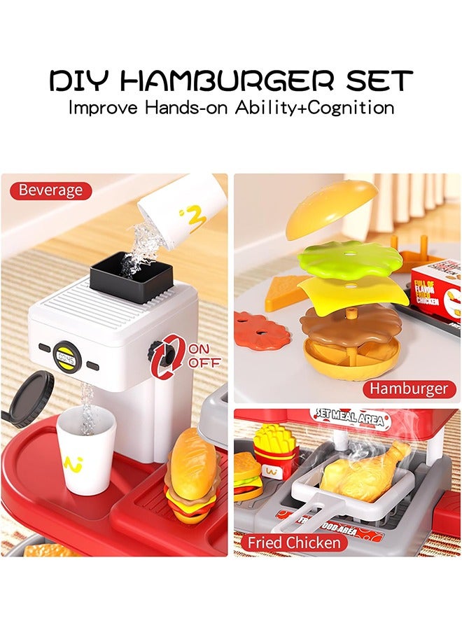 71Pcs Pretend Play Fast Food Toys, Fake Food Sets with Cash Register Toys, Water Dispenser, Hamburger Sandwich Fried Chicken Egg Tart Play Money Food Toys Gift for Ages 3+ Boys Girls (Red) - Image 4