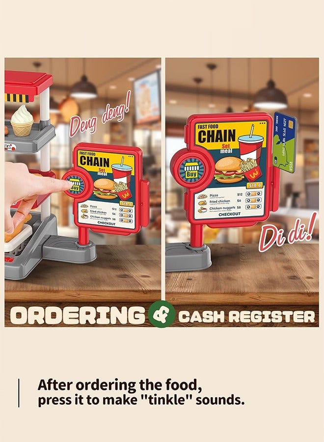 71Pcs Pretend Play Fast Food Toys, Fake Food Sets with Cash Register Toys, Water Dispenser, Hamburger Sandwich Fried Chicken Egg Tart Play Money Food Toys Gift for Ages 3+ Boys Girls (Red) - Image 5