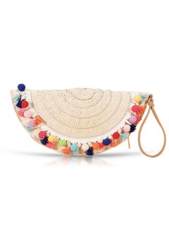 QTKJ Bohemian Straw Beach Bag Clutch Purses Colorful Fur Balls And Tassels Handmade Woven Purse Tassel Handbags For Vacation Travel  - Image 1