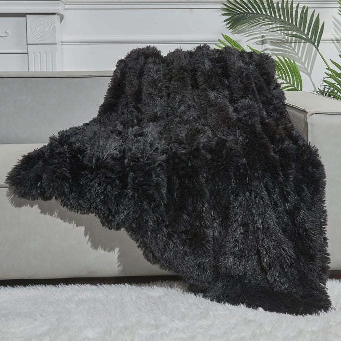FUZZY FAUX FUR THROW BLANKET BLACK SUPER SOFT COZY PLUSH FUZZY SHAGGY BLANKET FOR COUCH SOFA BED BLACK THROW50X60
