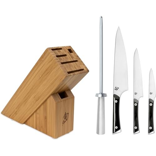 Shun Kazahana 5 Piece Starter Block Set, Includes 8" Chef, 3.5" Paring, 6" Utility Knives & More, Handcrafted Japanese Knife Block Set, AUS10A Stainless Steel Blades, Pakkawood Handles - Image 1