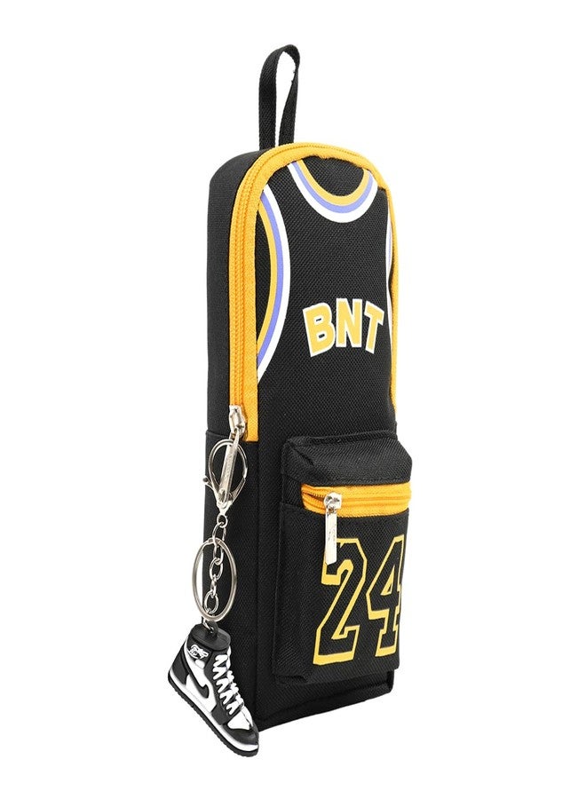 Climberty® Pencil Case Pencil Pouch with Sneaker Keyring Charm and Basketball Star Number 24 Lakers Theme Zipper Bag for Students 10x8x21cm Black Organizer - Image 1
