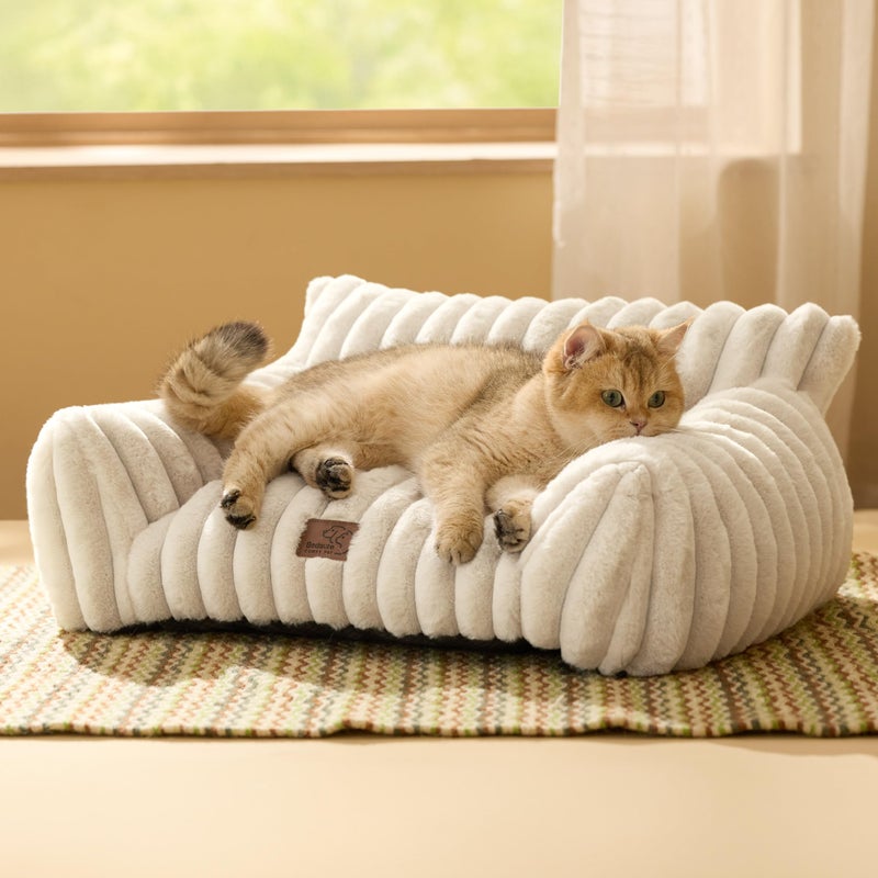Bedsure Cute Cat Couch for Pets - Fluffy Cat beds with Premium Soft Corduroy Fleece, Fuzzy Cats beds for Indoor Cats with Removable Washable Cover, Supportive Pet Sofa, 24inch, Cream - Image 1