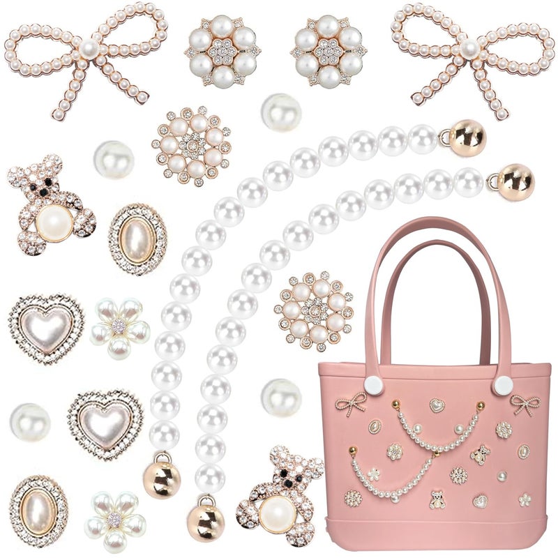 Everfunny Charms for Bogg Bag Pearls Flowers Pearls Bow Chain for Bogg Bag Simply Southern Beach Bag Totes Accessories Charms Compatible, Pearl Bag Insert for Beach Tote Bag - Image 1