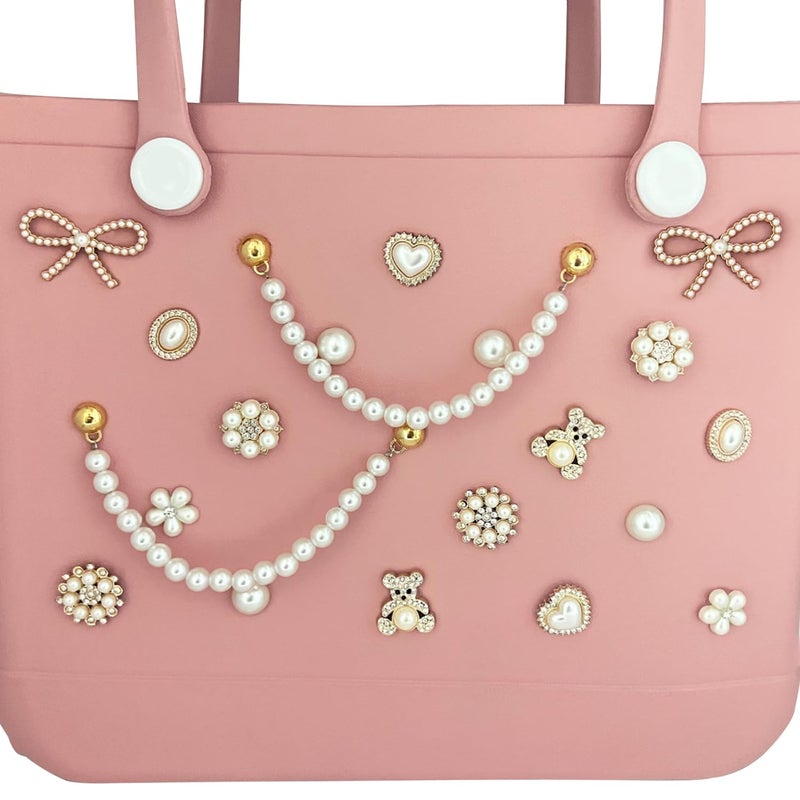 Everfunny Charms for Bogg Bag Pearls Flowers Pearls Bow Chain for Bogg Bag Simply Southern Beach Bag Totes Accessories Charms Compatible, Pearl Bag Insert for Beach Tote Bag - Image 2