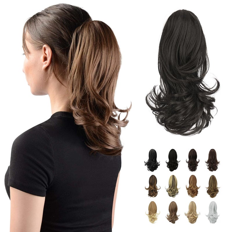 Sofeiyan 13" Ponytail Extension Long Curly Ponytail Clip in Claw Hair Extension Natural Looking Synthetic Hairpiece for Women, Darkest Brown Tend to Black - Image 1