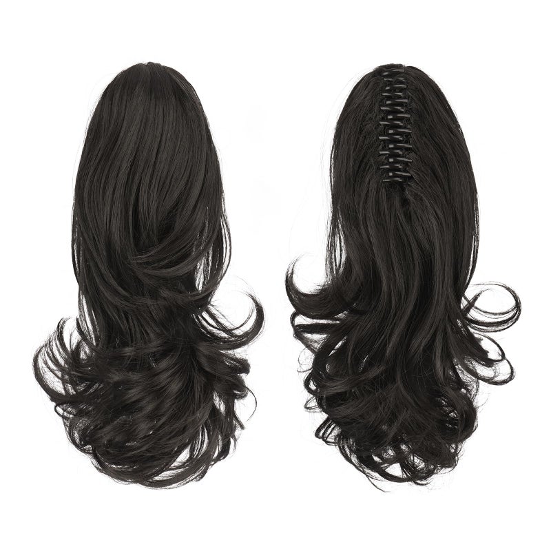 Sofeiyan 13" Ponytail Extension Long Curly Ponytail Clip in Claw Hair Extension Natural Looking Synthetic Hairpiece for Women, Darkest Brown Tend to Black - Image 2