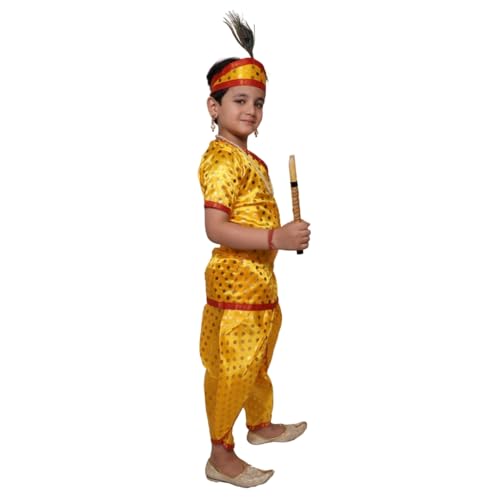 Kaku Fancy Dresses Silk Krishna Costume For Kids | Kids Krishna Dress For Janmashtami/Kanha/Krishnaleela/Mythological Character Krishna Fancy Dress Costume For Boys/Girls - Yellow (3-4 Years) - Image 4