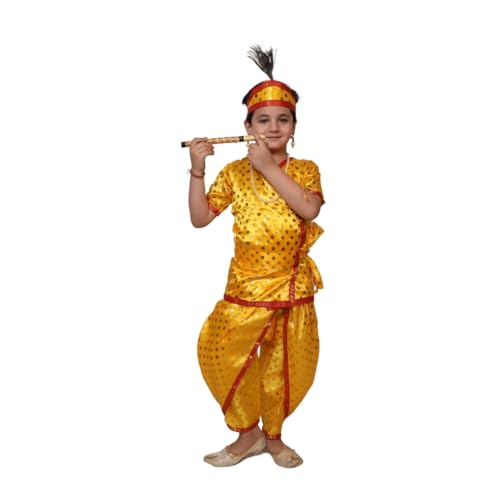 Kaku Fancy Dresses Silk Krishna Costume For Kids | Kids Krishna Dress For Janmashtami/Kanha/Krishnaleela/Mythological Character Krishna Fancy Dress Costume For Boys/Girls - Yellow (3-4 Years) - Image 3