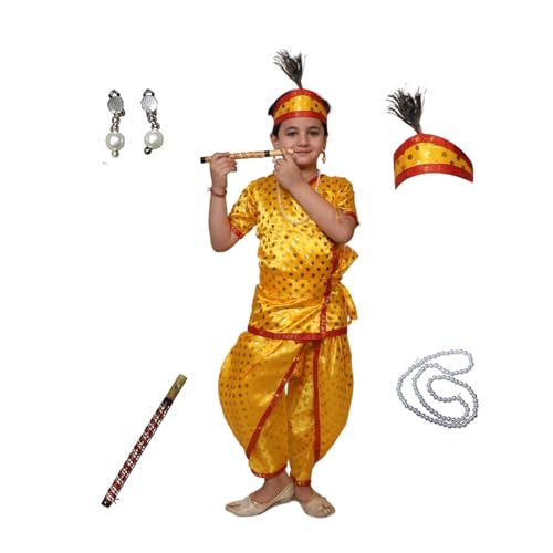 Kaku Fancy Dresses Silk Krishna Costume For Kids | Kids Krishna Dress For Janmashtami/Kanha/Krishnaleela/Mythological Character Krishna Fancy Dress Costume For Boys/Girls - Yellow (3-4 Years) - Image 1