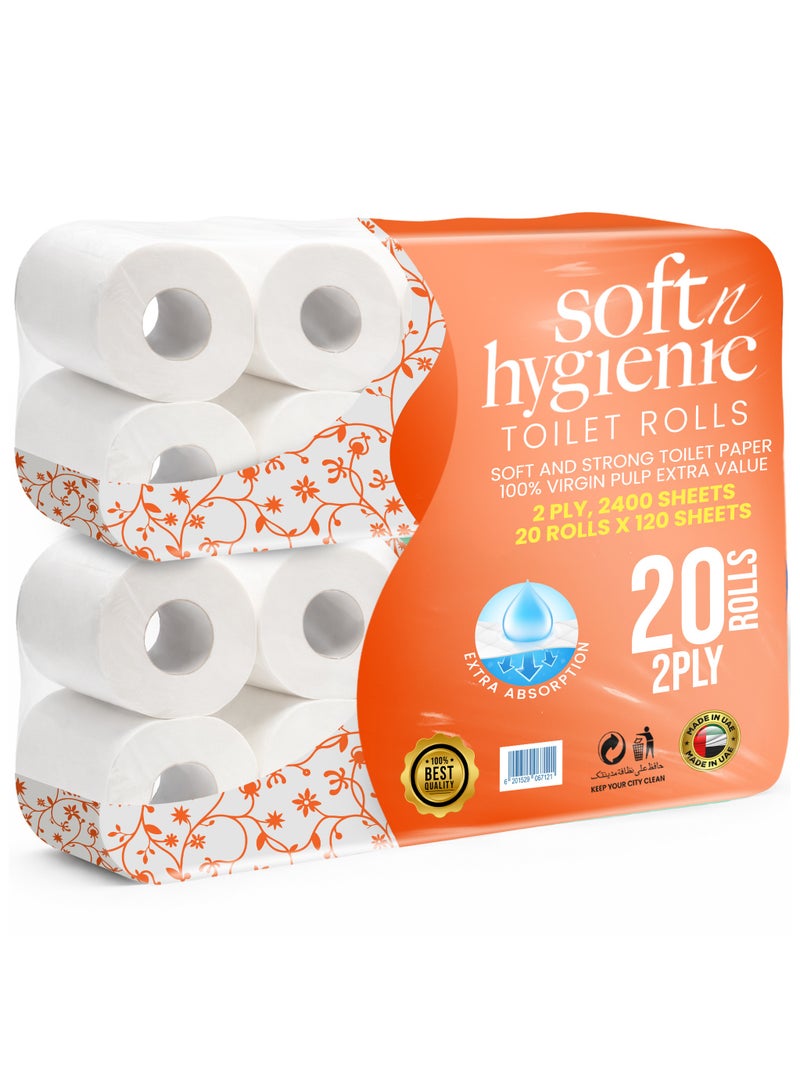 SNH Packing Soft N Hygienic Toilet Paper Tissue Roll Pack of 20 Embossed 120 Sheets x 2 Ply - Image 1