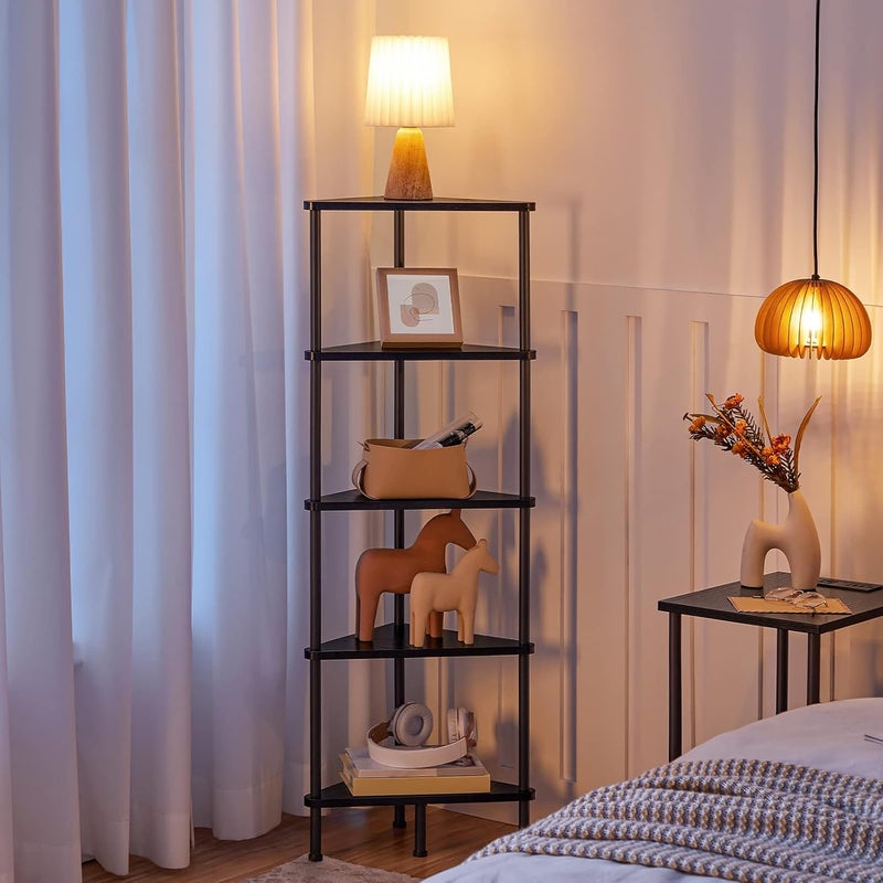 HOOBRO Corner Shelf Stand, Industrial 5-Tier Wall Corner Bookshelf with Metal Frame, Plant Display Shelf, Bookcase for Small Spaces, Bedroom, Living Room, Black EBK33CJ01 - Image 3