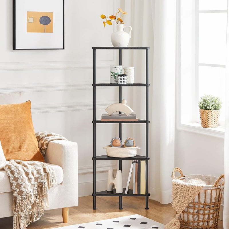 HOOBRO Corner Shelf Stand, Industrial 5-Tier Wall Corner Bookshelf with Metal Frame, Plant Display Shelf, Bookcase for Small Spaces, Bedroom, Living Room, Black EBK33CJ01 - Image 1