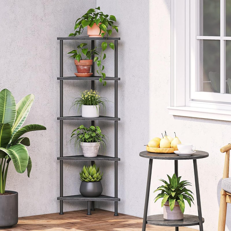 HOOBRO Corner Shelf Stand, Industrial 5-Tier Wall Corner Bookshelf with Metal Frame, Plant Display Shelf, Bookcase for Small Spaces, Bedroom, Living Room, Black EBK33CJ01 - Image 5