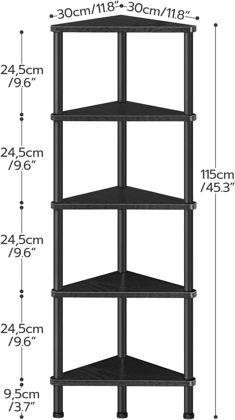 HOOBRO Corner Shelf Stand, Industrial 5-Tier Wall Corner Bookshelf with Metal Frame, Plant Display Shelf, Bookcase for Small Spaces, Bedroom, Living Room, Black EBK33CJ01 - Image 2