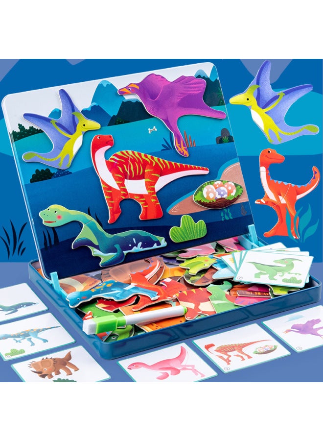 صندوق الألغاز الخشبي المغناطيسي للأطفال للتعليم المبكر، قابل للمسح والرسم، لعبة لتنمية العقل في علبة حديدية - ألعاب تعليمية - اللون: عالم الديناصورات - Image 4