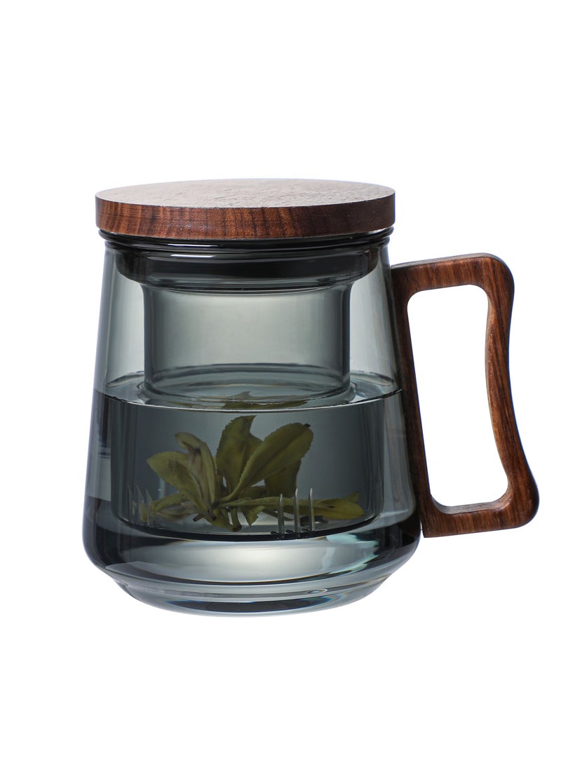 1Chase 500 ML Borosilicate Glass Mug With Infuser & Walnut Lid and Handle, Smoky Grey - Image 1