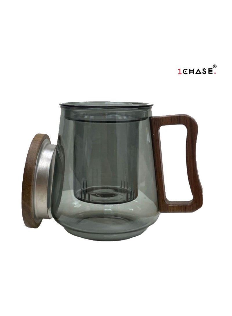 1Chase 500 ML Borosilicate Glass Mug With Infuser & Walnut Lid and Handle, Smoky Grey - Image 3