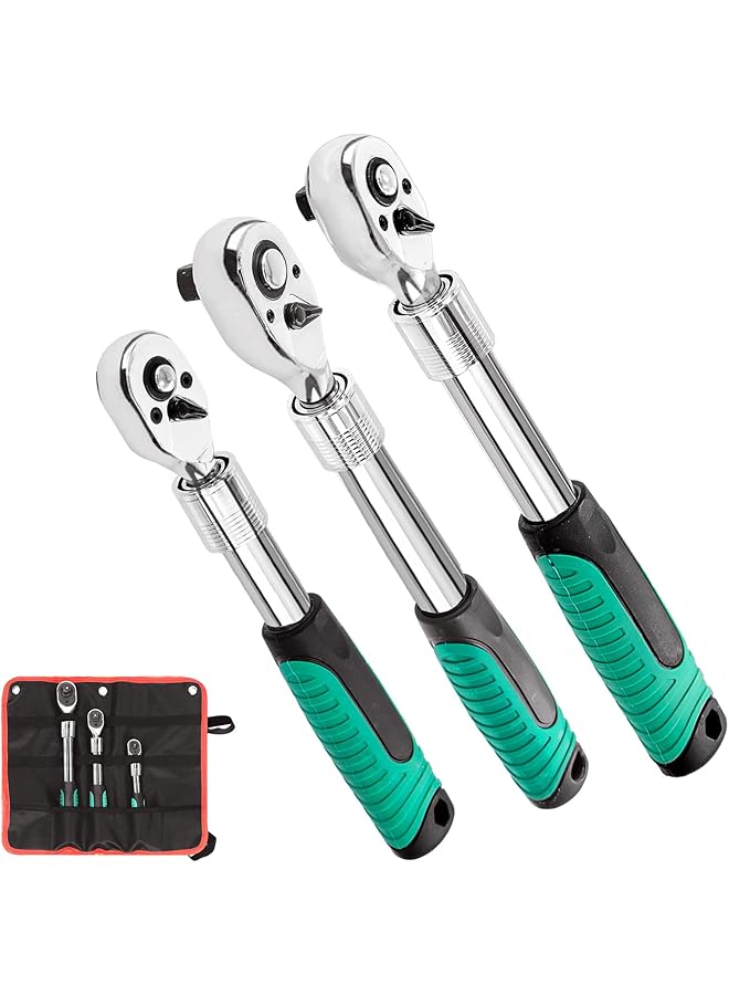 promass 3Pcs Extendable Ratchet Set, 1/4" 3/8" 1/2" Drive 72 Tooth Ratchet Wrench, Retractable Socket Wrench Quick-Release Reversible Gear Ratchet Spanner with Storage Bag - Image 1