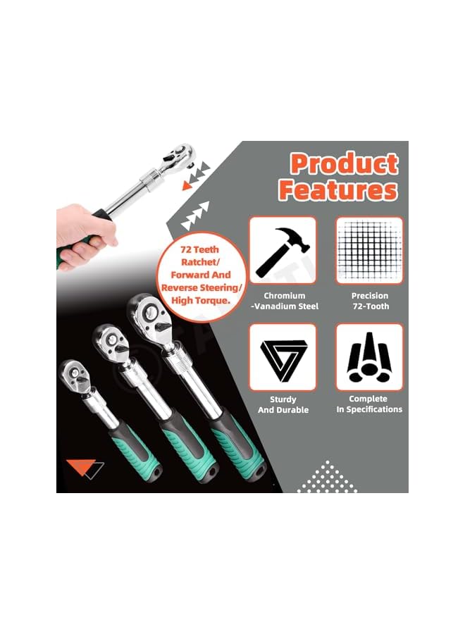 promass 3Pcs Extendable Ratchet Set, 1/4" 3/8" 1/2" Drive 72 Tooth Ratchet Wrench, Retractable Socket Wrench Quick-Release Reversible Gear Ratchet Spanner with Storage Bag - Image 3
