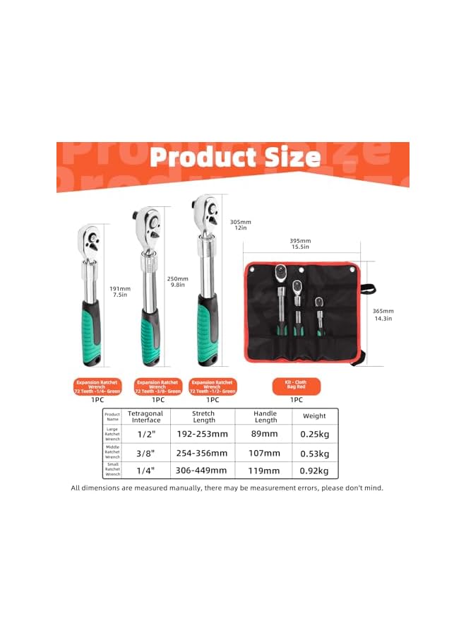 promass 3Pcs Extendable Ratchet Set, 1/4" 3/8" 1/2" Drive 72 Tooth Ratchet Wrench, Retractable Socket Wrench Quick-Release Reversible Gear Ratchet Spanner with Storage Bag - Image 2