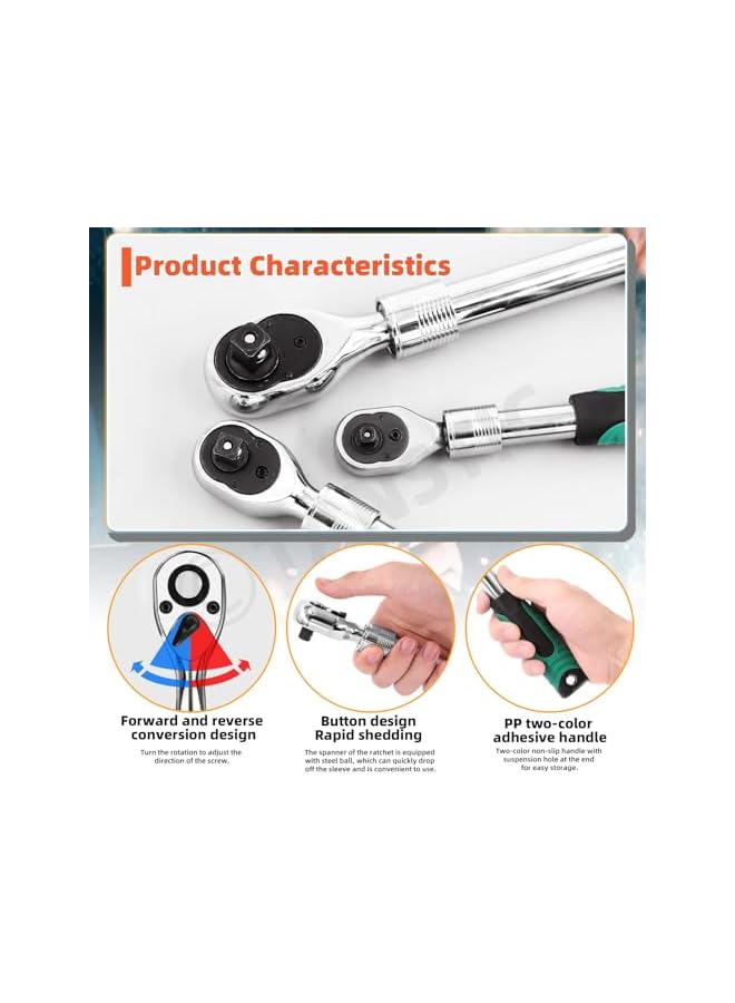 promass 3Pcs Extendable Ratchet Set, 1/4" 3/8" 1/2" Drive 72 Tooth Ratchet Wrench, Retractable Socket Wrench Quick-Release Reversible Gear Ratchet Spanner with Storage Bag - Image 4
