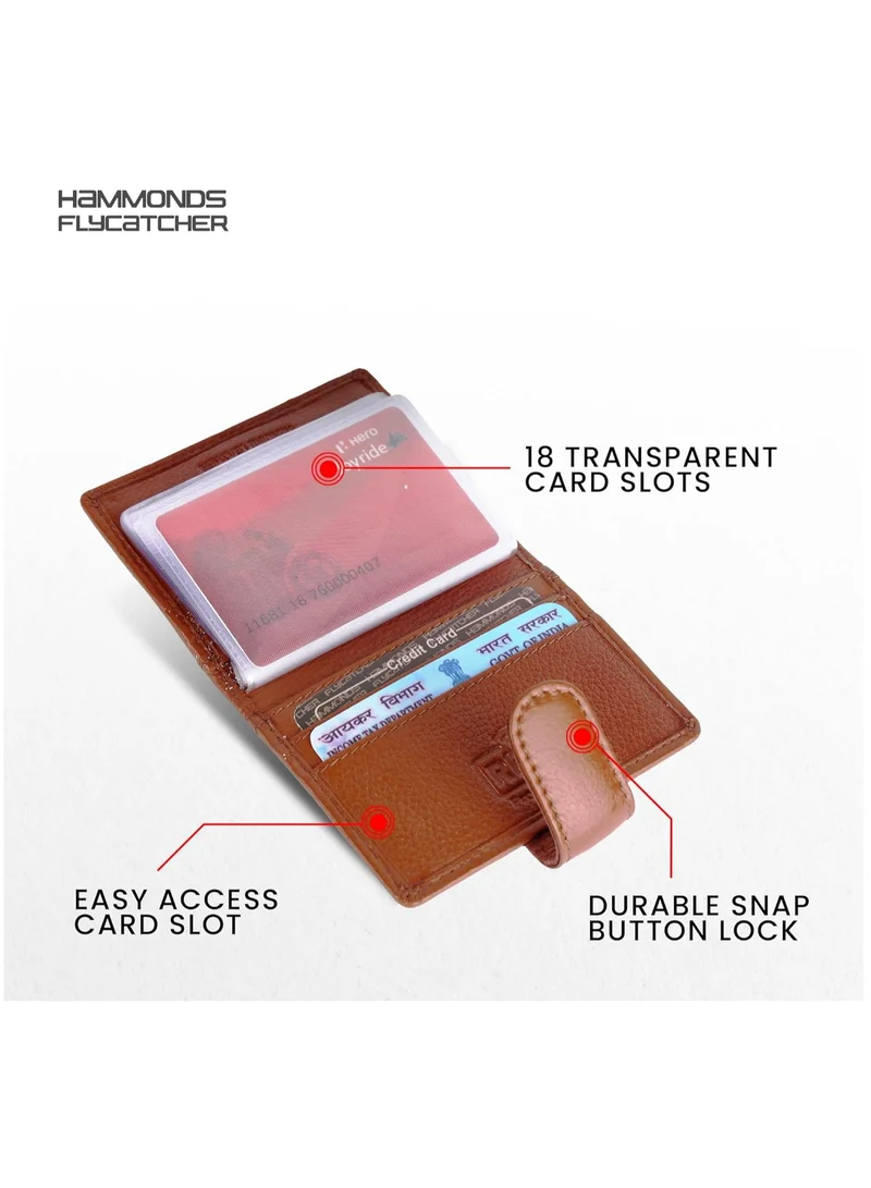 HAMMONDS FLYCATCHER Leather Card Holder for Men, Credit Card Holder, Slim Bi-Fold RFID Protected Credit Card Wallet for Men with 18 Card Slots, Metal Snap Button | Tan | GN1G