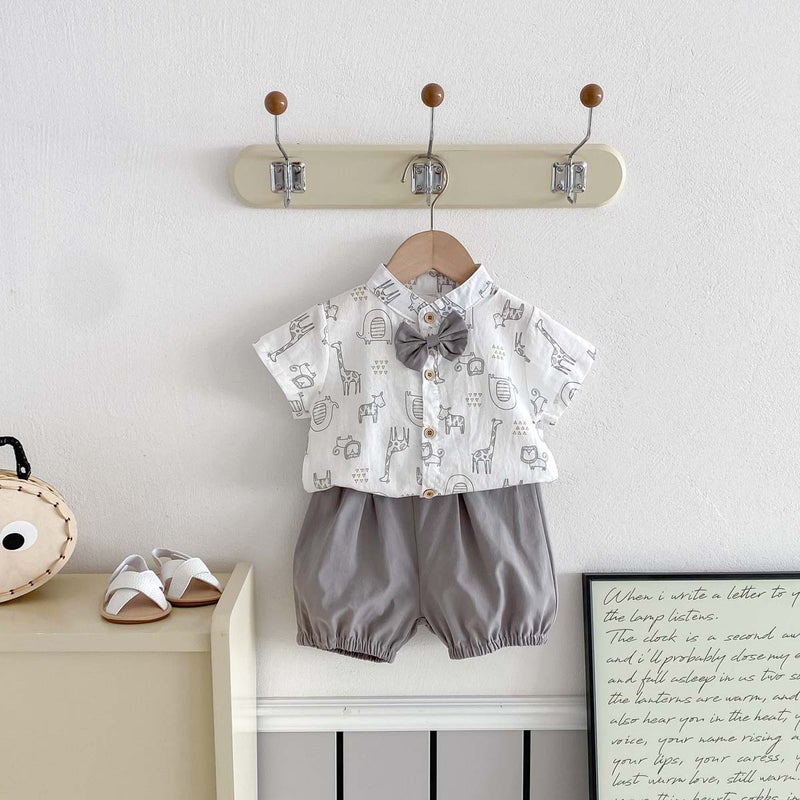 Boys' Short-Sleeved Shirts Hong Kong Style Handsome And Fashionable 2025 Kidsren'S Summer Clothes Boys' Summer Shirts And Shorts Suits Fashionable - Image 2