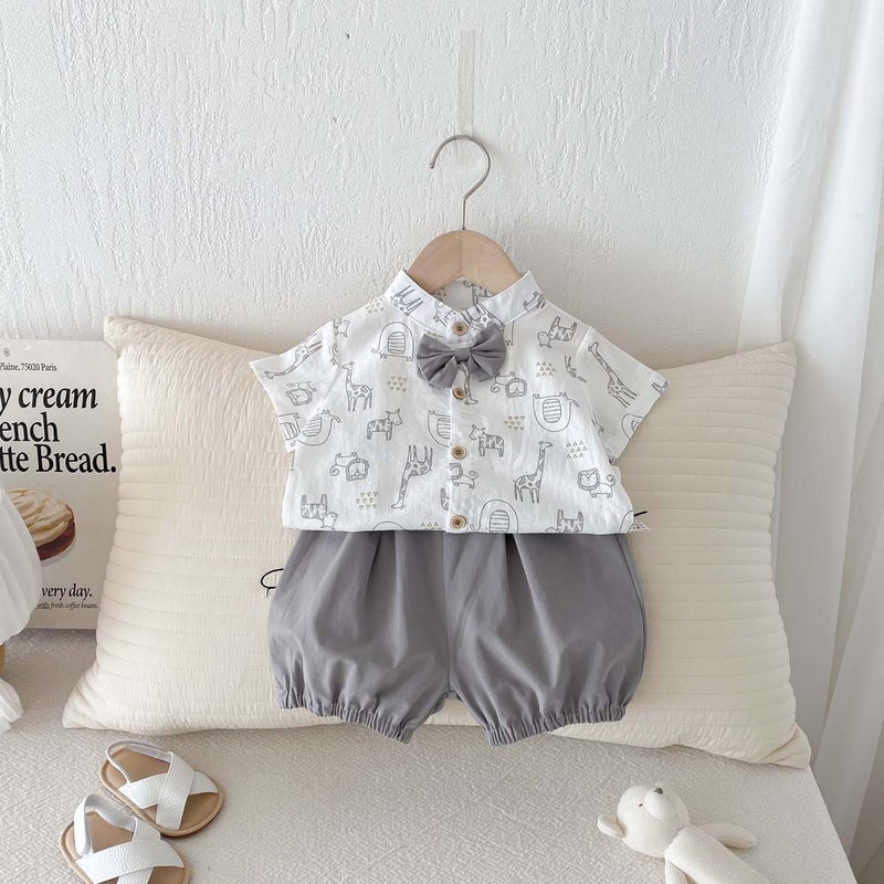 Boys' Short-Sleeved Shirts Hong Kong Style Handsome And Fashionable 2025 Kidsren'S Summer Clothes Boys' Summer Shirts And Shorts Suits Fashionable - Image 1