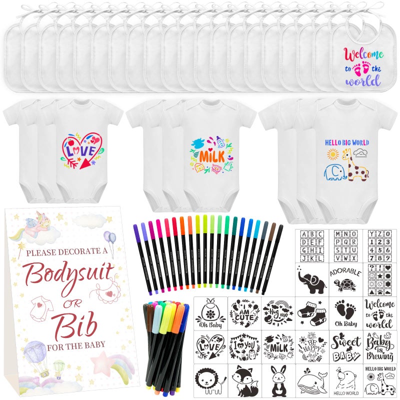 Aisharery Bibs Bodysuits Baby Shower Game Sign Set Newborn Onesies Feeder Gift Fabric Marker Stencils Kit - Image 1