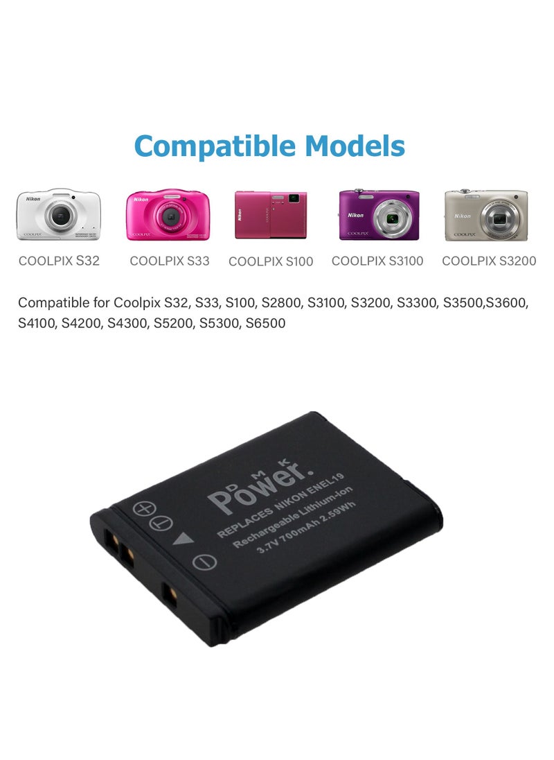 DMK Power - بطارية كاميرا DMK Power 2 x EN-EL19 بسعة 700 مللي أمبير في الساعة متوافقة مع كاميرات Nikon Coolpix S32 S100 S2500 S2600 S2700 وما إلى ذلك - Image 1
