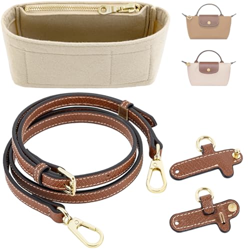 ATSEKTZ Mini Bag Organizer with Genuine Leather Crossbody Strap Conversion Kit, Compatible with Longchamp Mini Bag – Inner Liner Insert + Strap Kit Set, Beige - Image 1