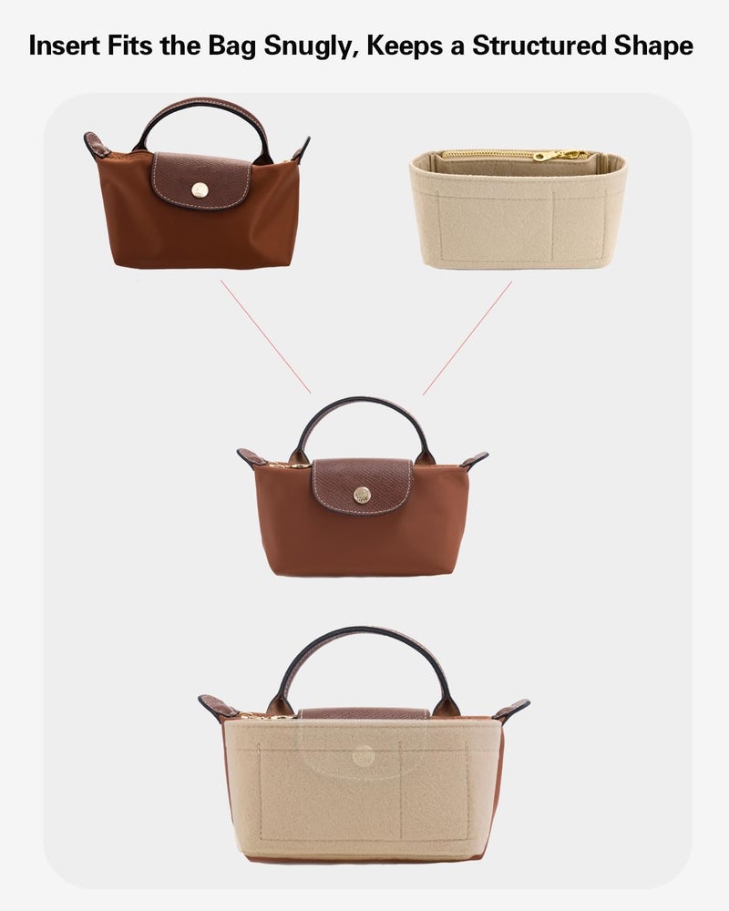 ATSEKTZ Mini Bag Organizer with Genuine Leather Crossbody Strap Conversion Kit, Compatible with Longchamp Mini Bag – Inner Liner Insert + Strap Kit Set, Beige - Image 5
