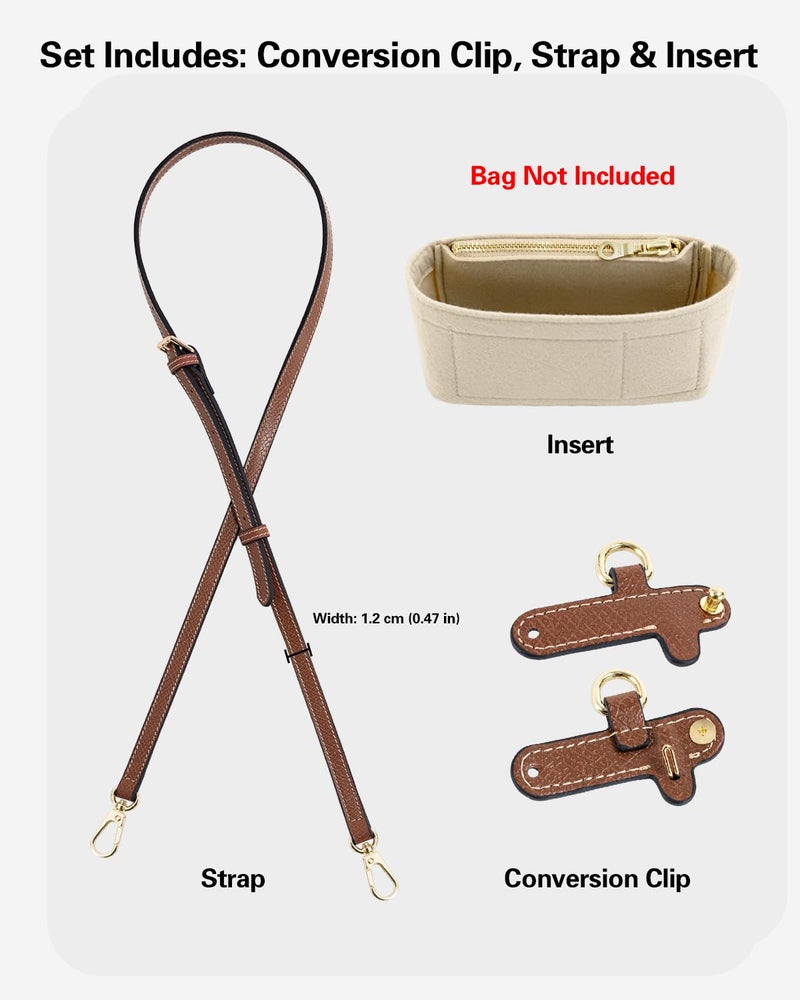 ATSEKTZ Mini Bag Organizer with Genuine Leather Crossbody Strap Conversion Kit, Compatible with Longchamp Mini Bag – Inner Liner Insert + Strap Kit Set, Beige - Image 2