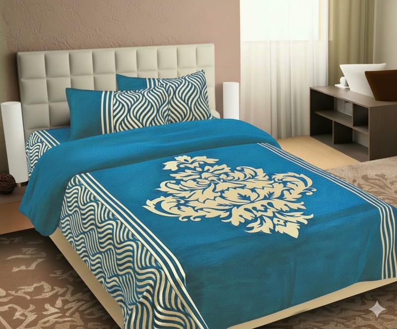 Fresh From Loom Chenille Velvet Floral 500 TC Heavy Bedsheet for Double Bed King Size - 90 x 100 inch Aqua Color with 2 Pillow Covers - Image 3