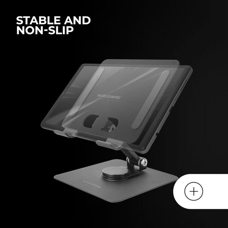 MARS GAMING MA-RST, Tablet and Convertible Stand 2in1 up to 13", Rotatable 360° + Height and Angle Adjustable 180°, Lightweight Steel Foldable Tablet Stand, Anti-Slip, Black - Image 5