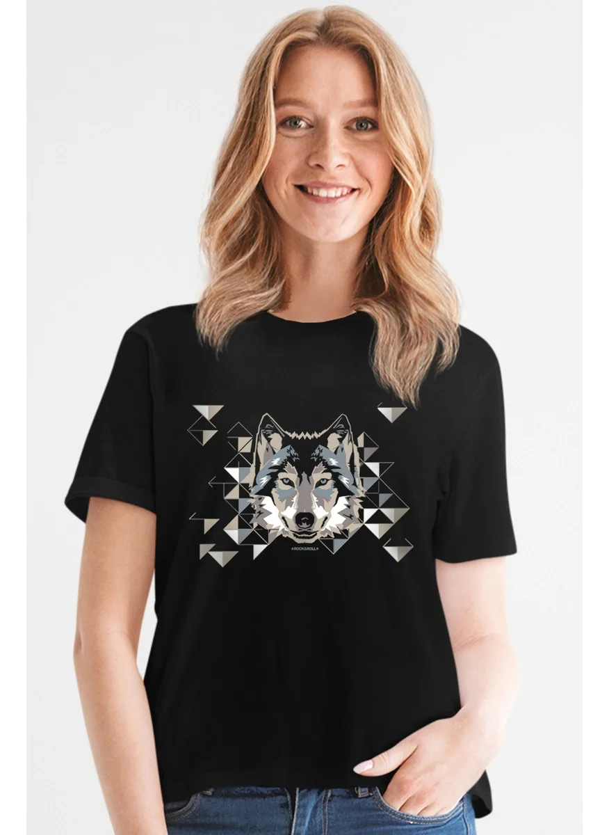 Rock&Roll Geometric Wolf Black Short Sleeve Women's T-Shirt