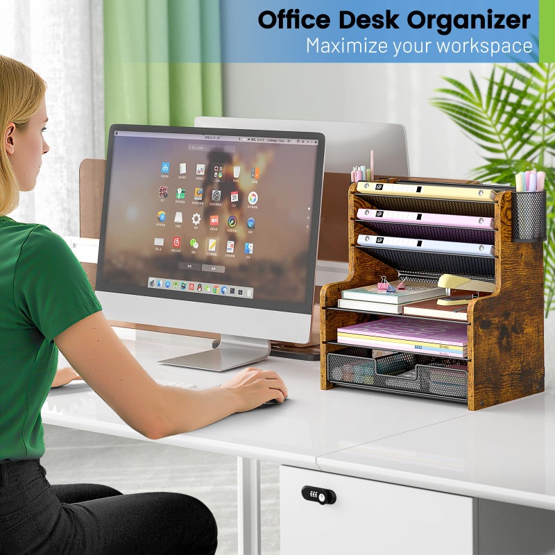 DAOUTIME 6-Tier Mesh Desk Organizer with Drawer, Wooden Office Organizer for Papers, Folders & Office Supplies - Sturdy Desktop File Holder with 2 Pen Holders - Space Saving Home Office Accessories - Image 5