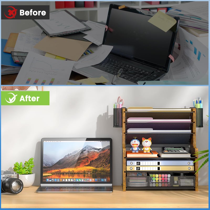 DAOUTIME 6-Tier Mesh Desk Organizer with Drawer, Wooden Office Organizer for Papers, Folders & Office Supplies - Sturdy Desktop File Holder with 2 Pen Holders - Space Saving Home Office Accessories - Image 4